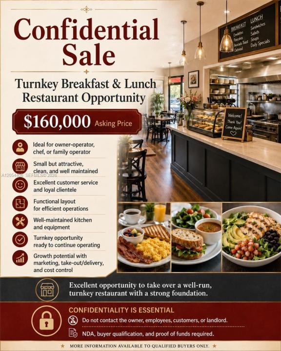 Confidential Turnkey Breakfast & Lunch Restaurant, Miami, Floride 33165, États-Unis